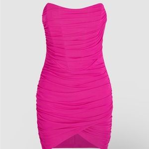 Solid Mesh Strapless Ruched Short Dress